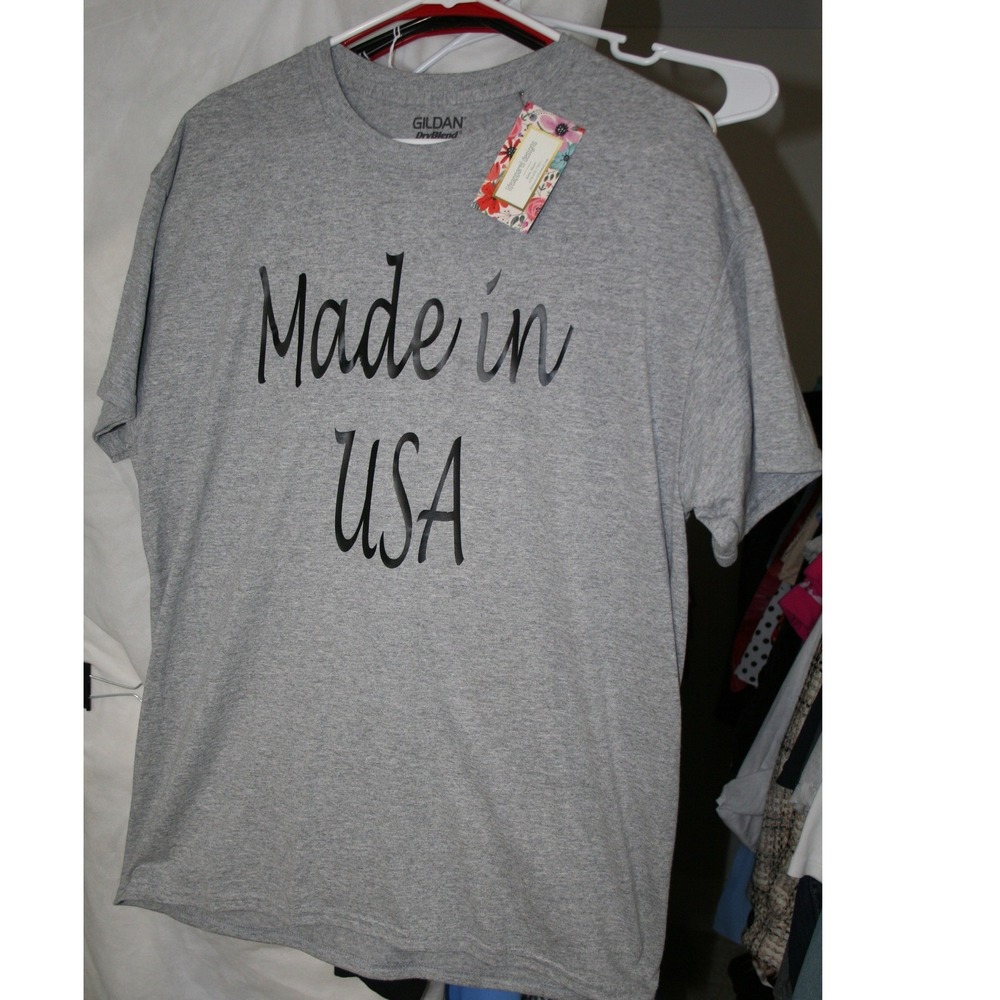 Gildan DryBlend Made in USA Graphic T-Shirt Heather Grey Short Sleeve Tee L